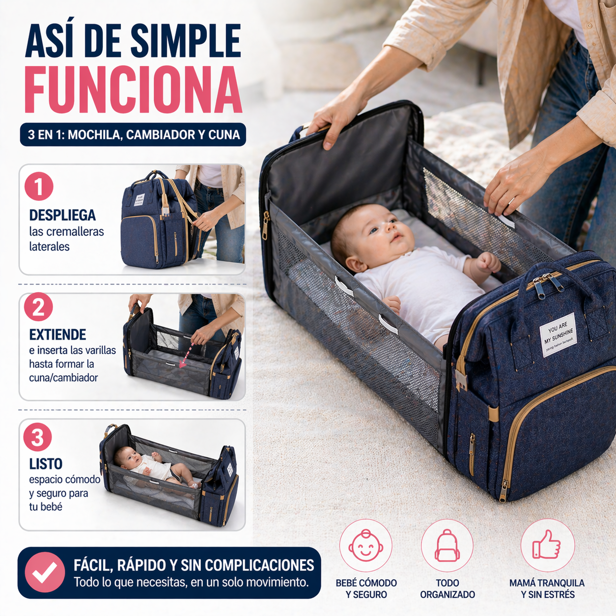 La mochila 3 en 1 que elimina el caos cada vez que sales con tu bebé